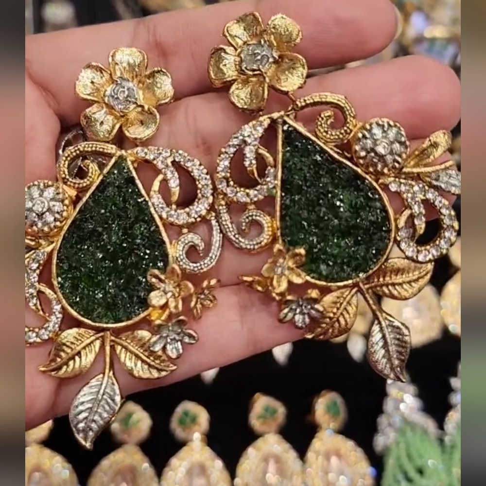Elegant Gold and Green Floral Earrings